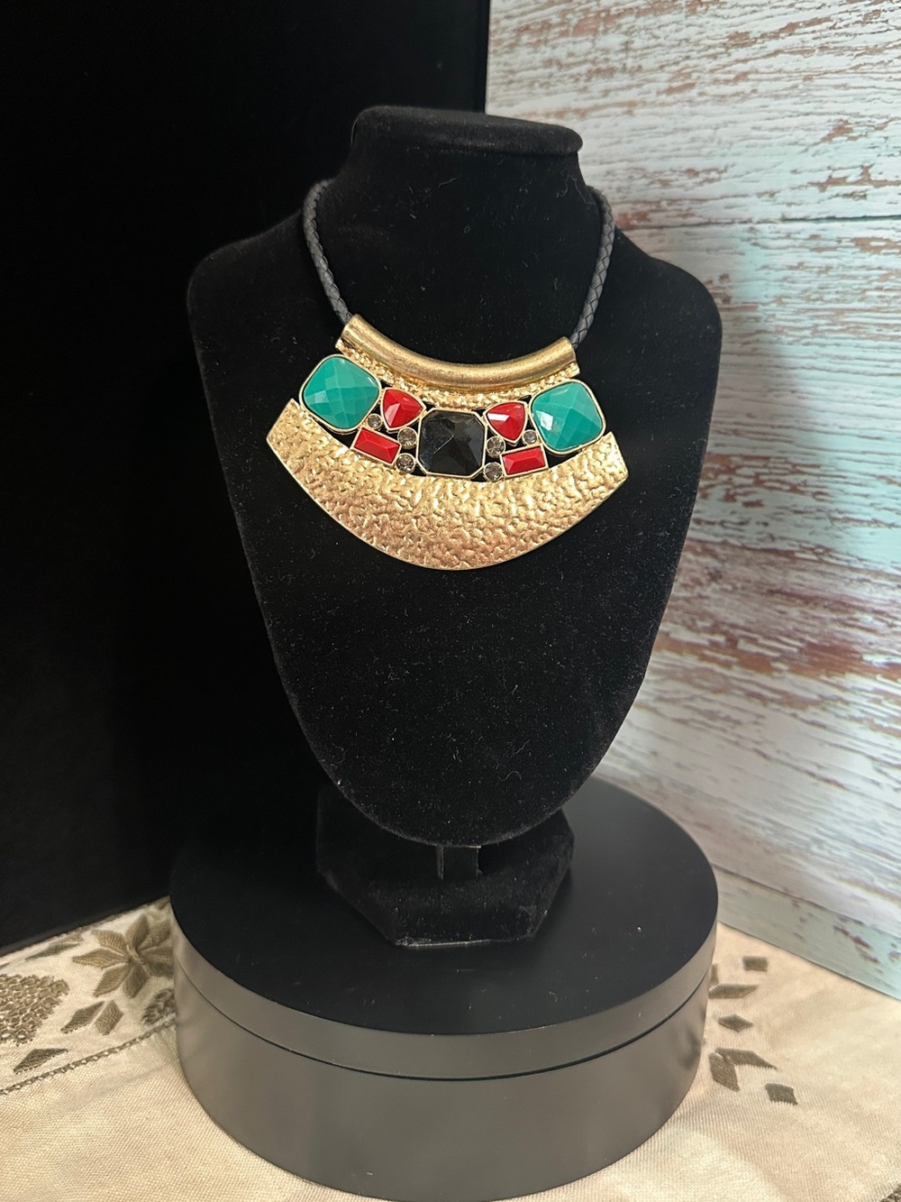 Gold-tone Statement Necklace with Turquoise, Red and Black Stones
